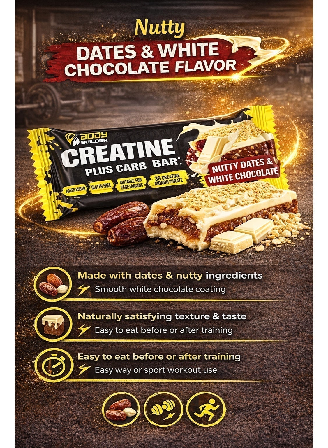 Creatine Bar, 12 Bars – 3G Creatine Monohydrate, No Added Sugar, Gluten Free, Sports Nutrition Snacks